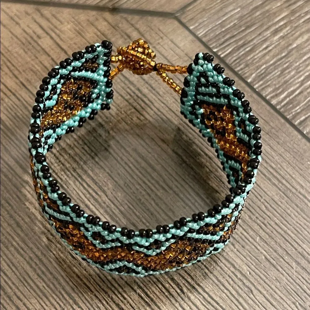 Miyuki Boho Beaded Bracelet – Turquoise & Amber Geometric Pattern Peyote Stitch